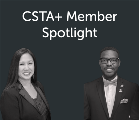 CSTA+ Member Spotlight. Headshot of Lily Mora and Dominick Sanders