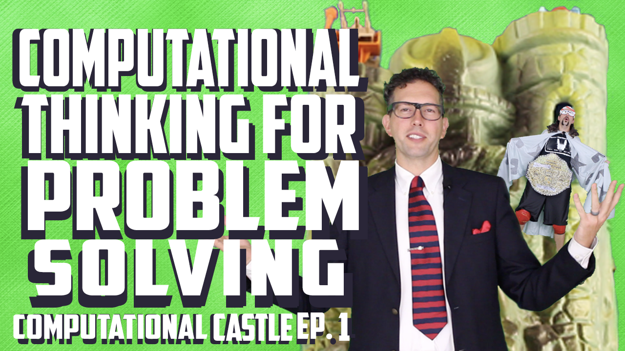 Computational Thinking for problem solving, computational castle, ep.1. Video thumbnail with title and images of Bo in costume photoshopped in front of a castle.