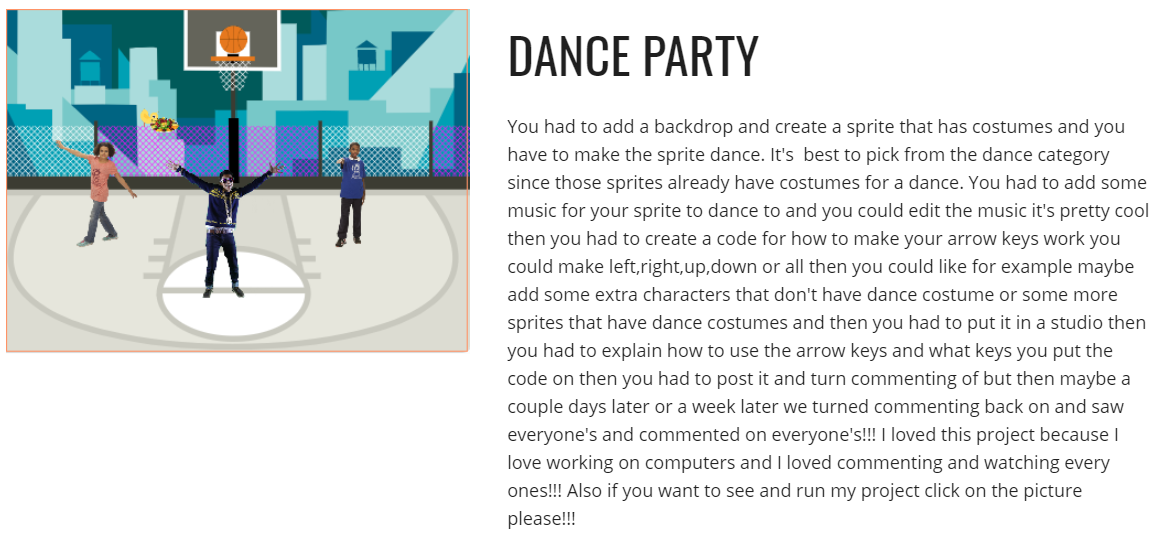 Showing and describing a dance party in scratch
