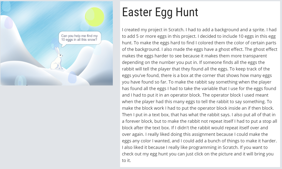 showing and describing an Easter Egg Hunt built in scratch