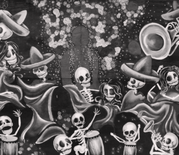 Mural depicting a celebration of skeletons in Dia de Los Muertos. Black and white version.