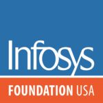 On a blue square is the text Infosys with a white underline followed by the text Foundation USA on a red background.