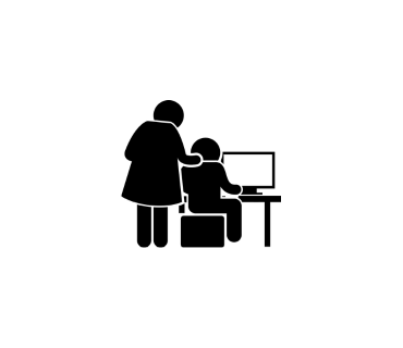 Icon of a teacher helping a student on a computer. Representative of CSTA 2021 classroom practice.