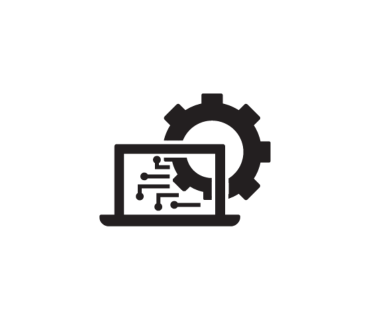 Icon of a laptop screen with nodes on the screen being overlapped by a gear icon. Meant to represent CSTA 2021 Knowledge and Skills.