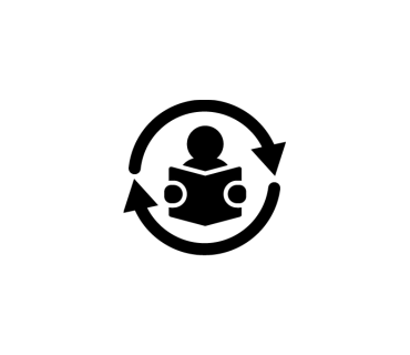 Graphic of a person reading a book. The icon is encircled in arrows moving continuously around it. This icon is meant to represent the theme of CSTA 2021 growth and identity