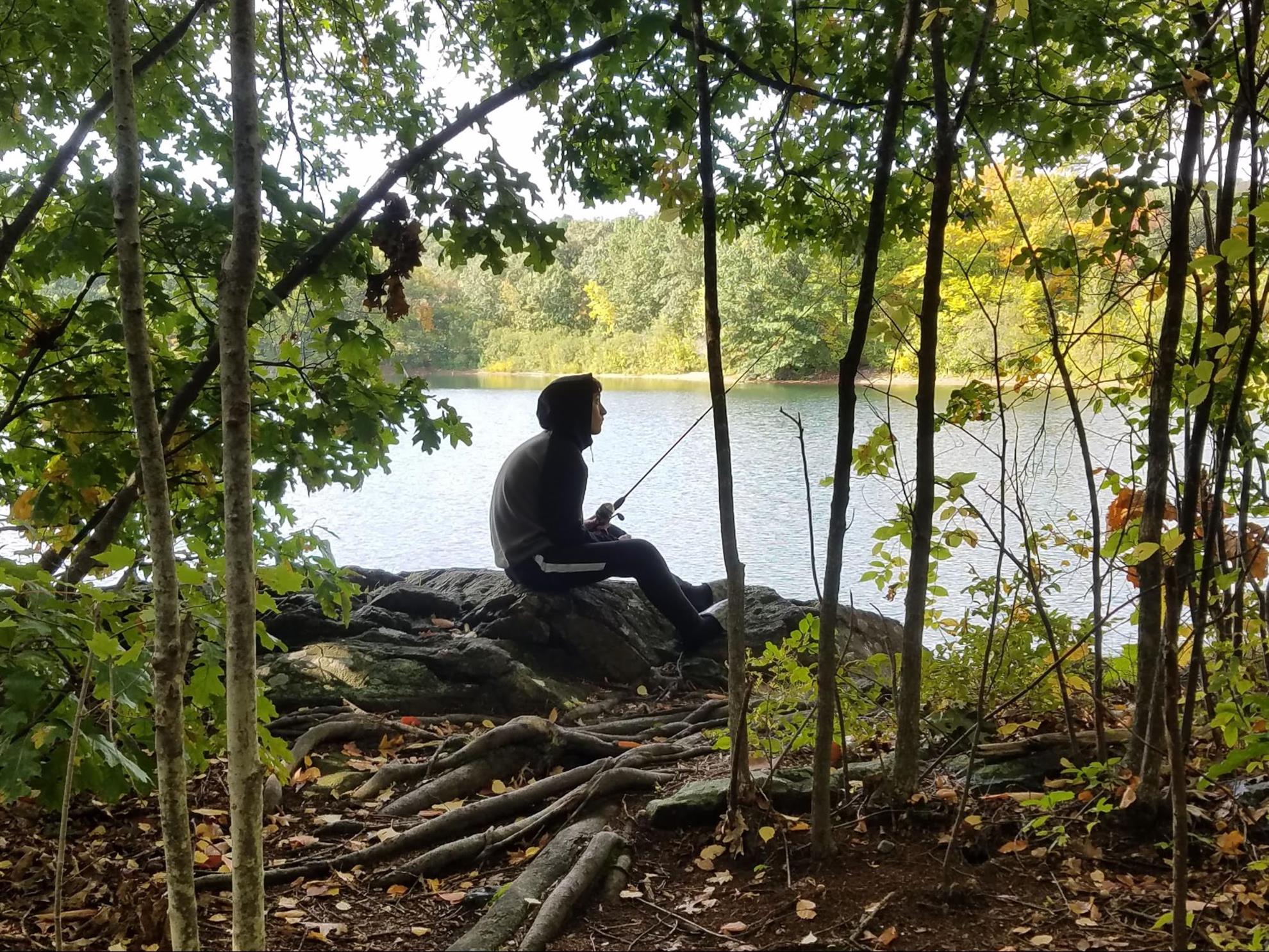 Outline of student through the trees, fishing into a pond