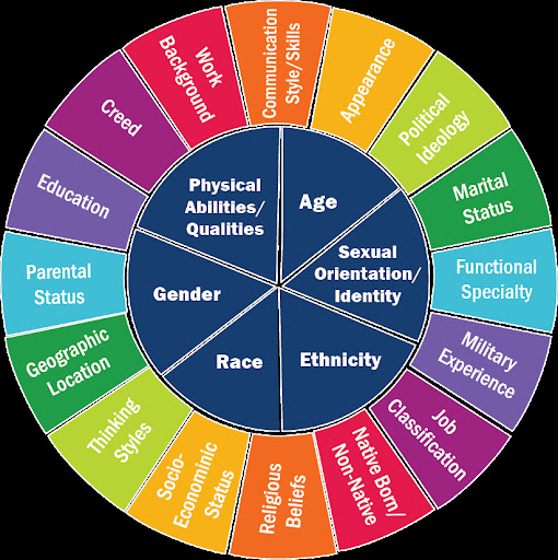 Identity Wheel
Inner circle contains physical abilities/qualities, age, sexual orientation/identity/ ethnicity, race, and gender. 
Outer circle contains incredibly specific identifiers, such as marital status, military experience, education, etc.