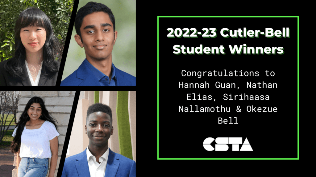 Four student winner headshots are stacked on a black background with the text Congratulations to Hannah Guan, Nathan Elias, Sirihaasa Nallamothu and Okezue Bell. 