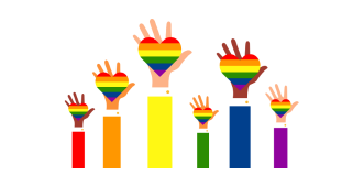 A group of hands reaching out and holding a heart. The heart is designed to look like the pride flag (rainbow).