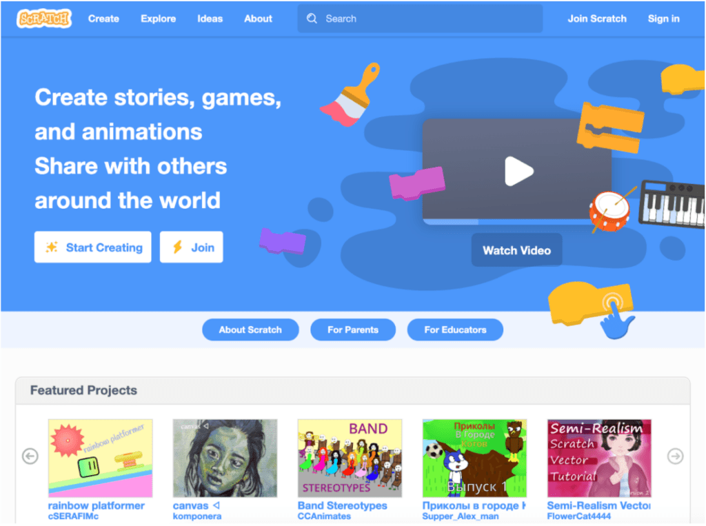 Screenshot of Scratch Homepage