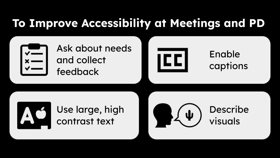 CSTA Accessibility Guidelines for Meetings and PD: Ask about needs and collect feedback, Enable captions, Use large high contrast text, and Describe visuals.