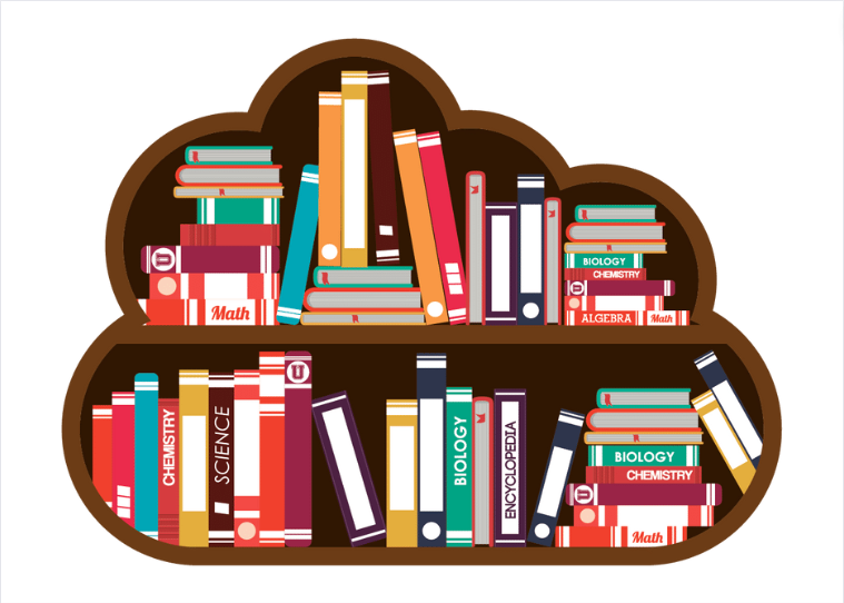Books in a shelf shaped like a cloud