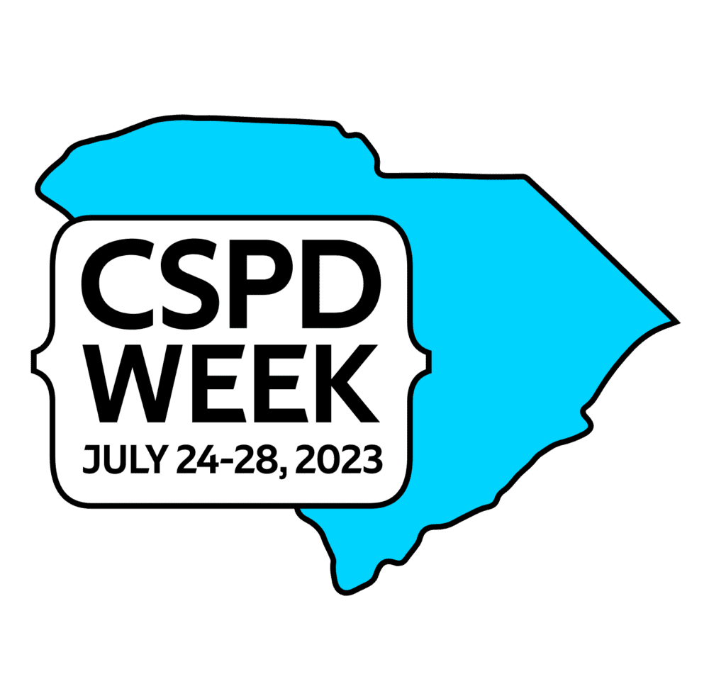 The state of South Caroline is in bright blue with the text CSPDWeek and the dates July 24-28, 2023.