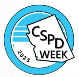 An outline of the state of Arizona with the words CSPD Week is in a blue circle. 