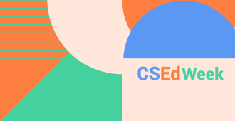 Blue, orange and green CSEdWeek text logo on a cream background with colored shapes