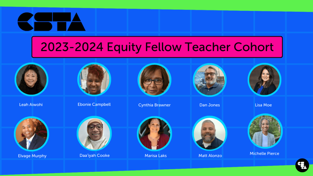 10 headshots of the 2023-2024 Equity Fellows teachers are on a blue gridded background 