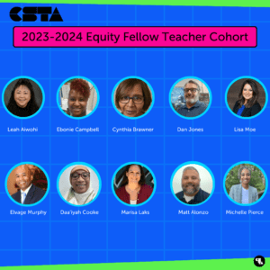10 headshots of the 2023-2024 Equity Fellow Teacher Cohort sits on a blue gridded background. 