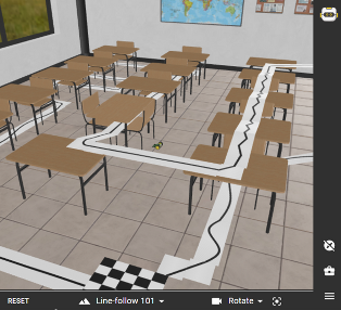 A classroom with brown desks covered with squiggly lines for a coding pattern.