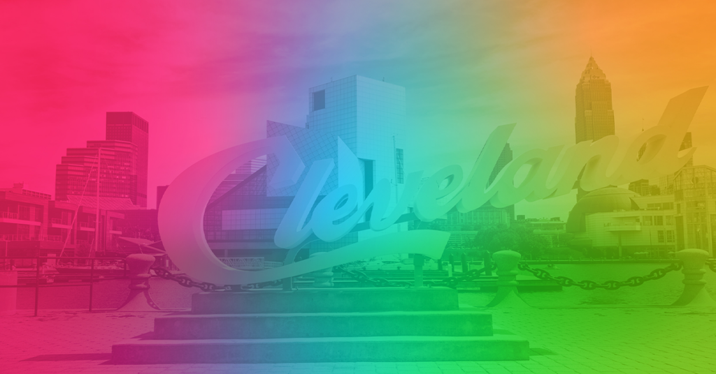 CSTA colors overlayed on a Cleveland sign in front of the Cleveland skyline