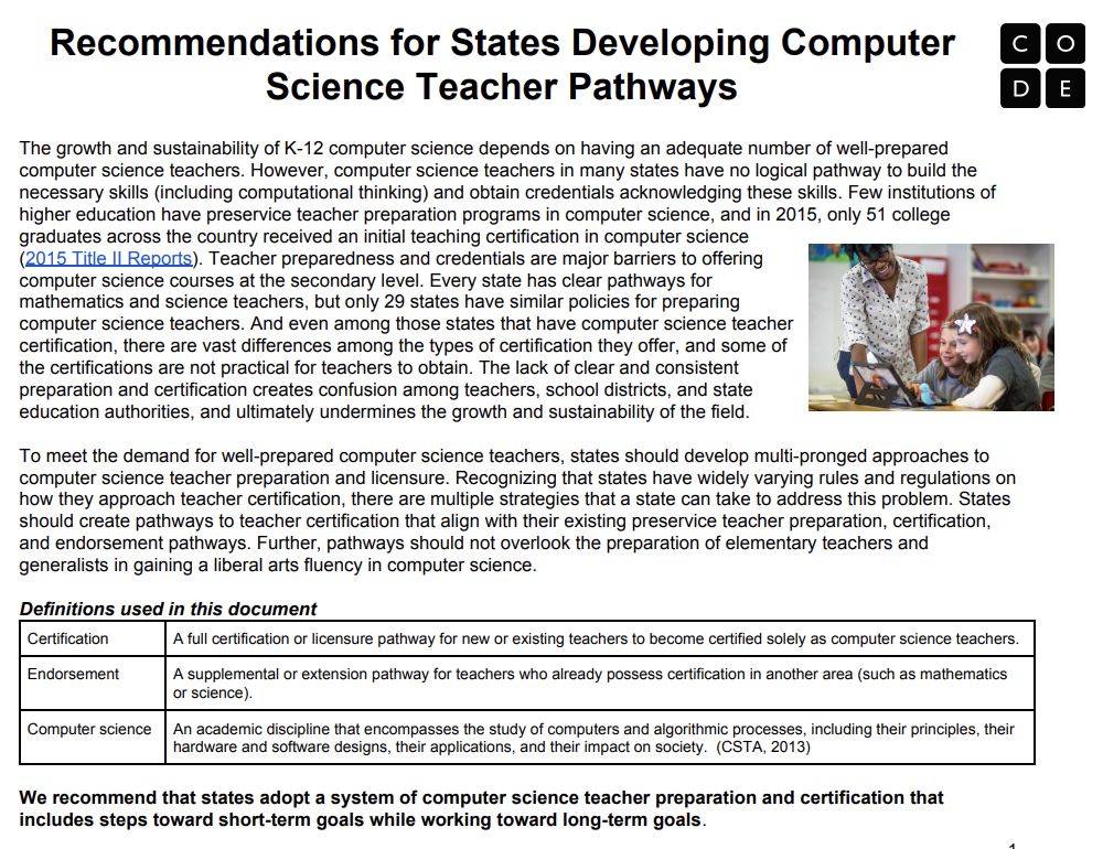 Recommendations for States Developing Computer Science Teacher Pathways title page