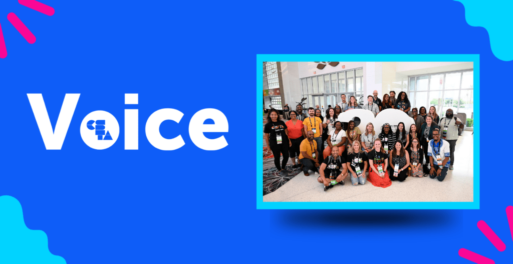 Group of conference attendees posing in front of a giant cutout of the CSTA 20th anniversary logo