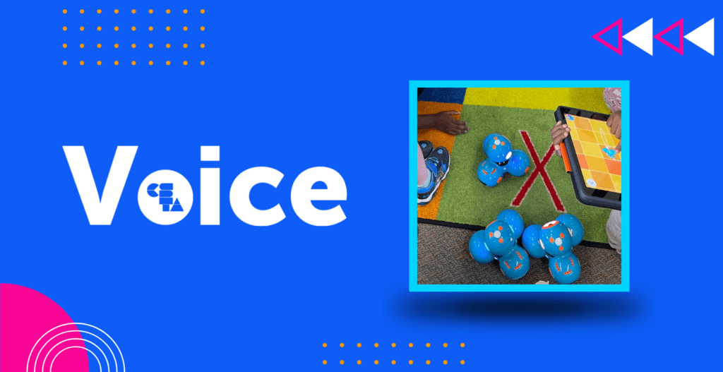 Dash robots on a carpet, while students use tablets to direct them