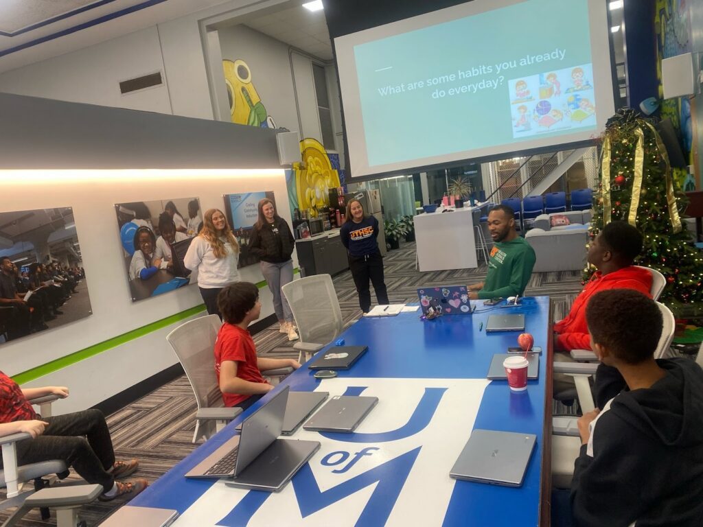 Students sit around a conference table while a presentation is given. The screen reads, "What are some habits you already do everyday?"
