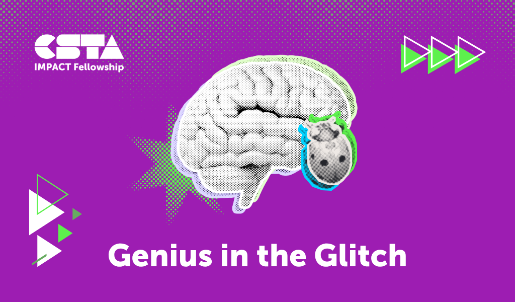 Glitching brain with a ladybug on it. Text reads: Genius in the glitch